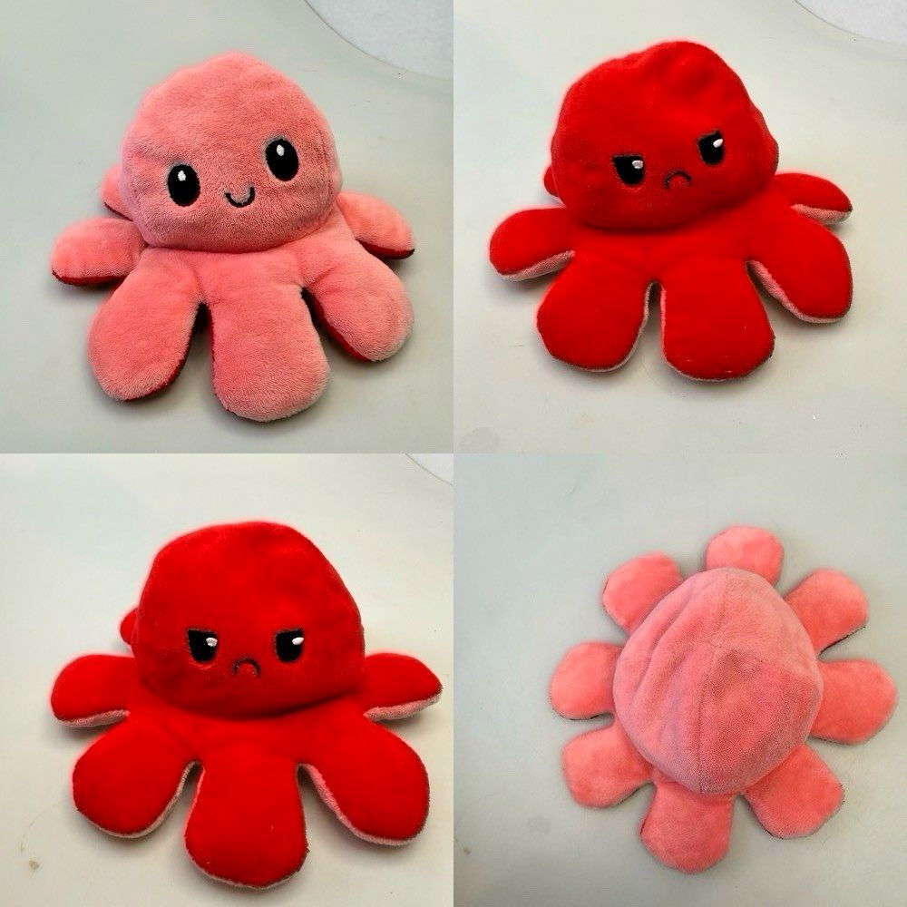 Reversible Octopus Plush Red Pink Happy Sad Stuffed Animal Toy 8" EUC